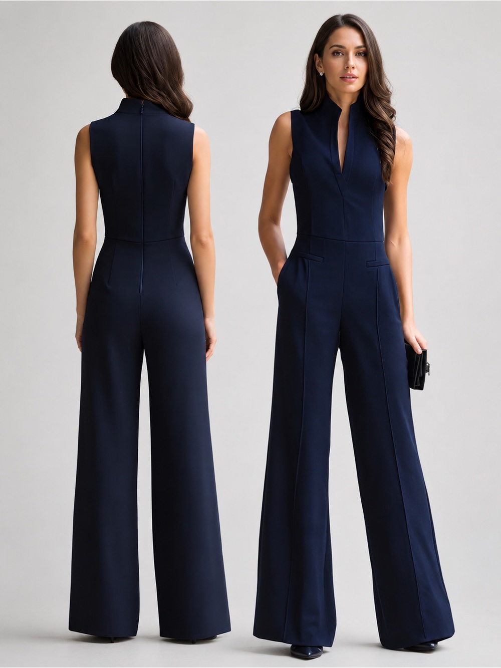Mooyius Navy Sleeveless Plunge Neck Wide Leg Jumpsuit Size S NWT